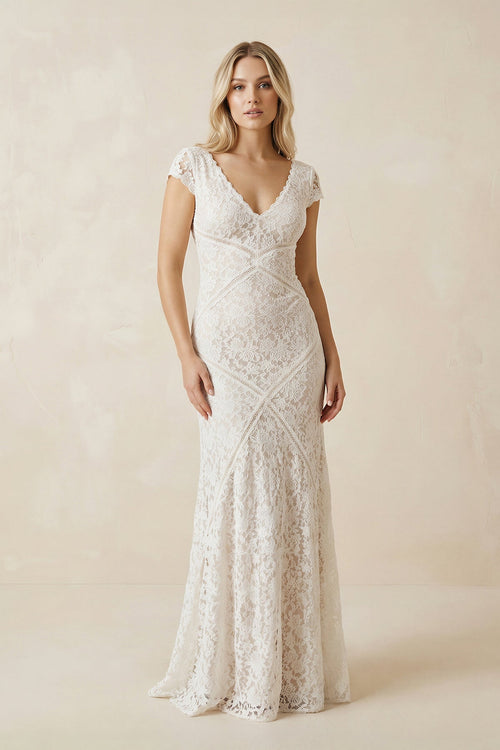 Short Sleeves Sheath V Neck Lace Wedding Dress in White and Nude - SHE IS ME Wedding Dresses