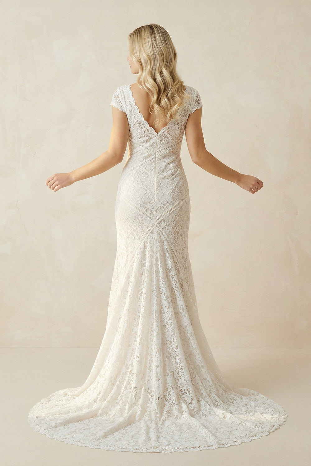 Short Sleeves Sheath V Neck Lace Wedding Dress in White and Nude - SHE IS ME Wedding Dresses