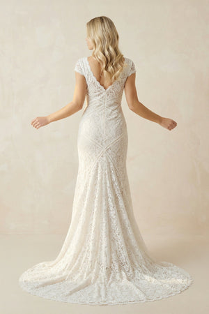 Short Sleeves Sheath V Neck Lace Wedding Dress in White and Nude - SHE IS ME Wedding Dresses