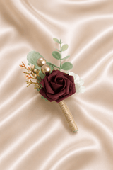 Silk Roses Artificial Wedding Bridesmaid Boutonniere in Burgundy - KISS BRIDAL Accessories