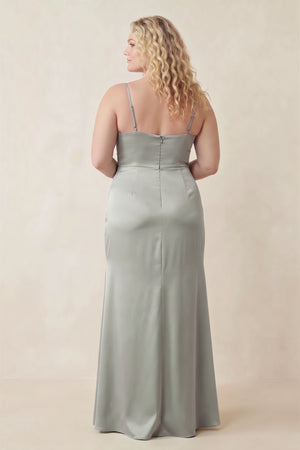 Silver Cami Strap Ruched Satin Sheath Bridesmaid Dress (2) [sizeplus] | KISSBRIDAL