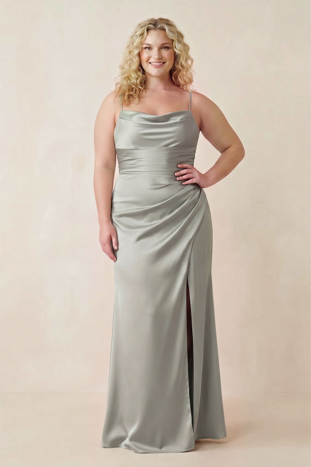 Cami Strap Ruched Satin Sheath Bridesmaid Dress in Silver