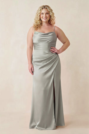 Silver Cami Strap Ruched Satin Sheath Bridesmaid Dress [sizeplus] | KISSBRIDAL