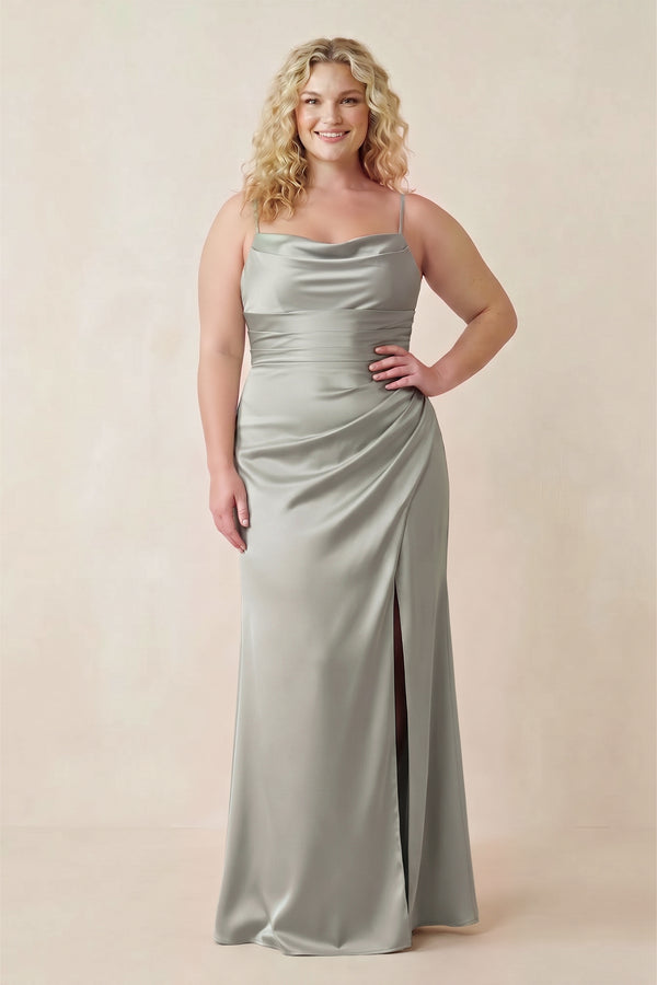 Silver Cami Strap Ruched Satin Sheath Bridesmaid Dress [sizeplus] | KISSBRIDAL