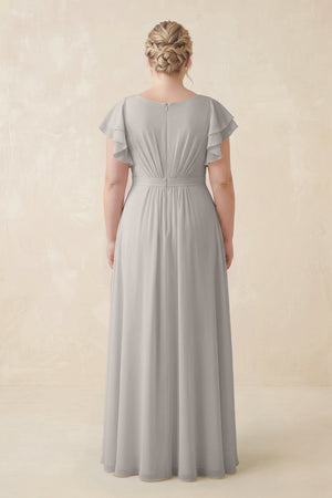 Silver Cap Sleeve Ruffled A-Line Chiffon Bridesmaid Dress (2) [sizeplus]  | KISSBRIDAL