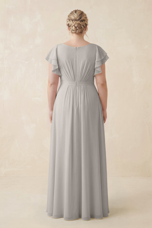 Silver Cap Sleeve Ruffled A-Line Chiffon Bridesmaid Dress (2) [sizeplus]  | KISSBRIDAL