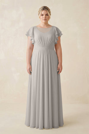 Silver Cap Sleeve Ruffled A-Line Chiffon Bridesmaid Dress  [sizeplus] | KISSBRIDAL