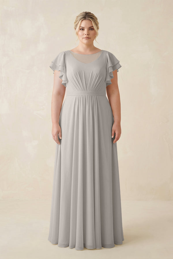 Silver Cap Sleeve Ruffled A-Line Chiffon Bridesmaid Dress  [sizeplus] | KISSBRIDAL