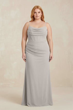 Silver Cowl Neck Sheath Chiffon Bridesmaid Dress with Corset  [sizeplus] | KISSBRIDAL