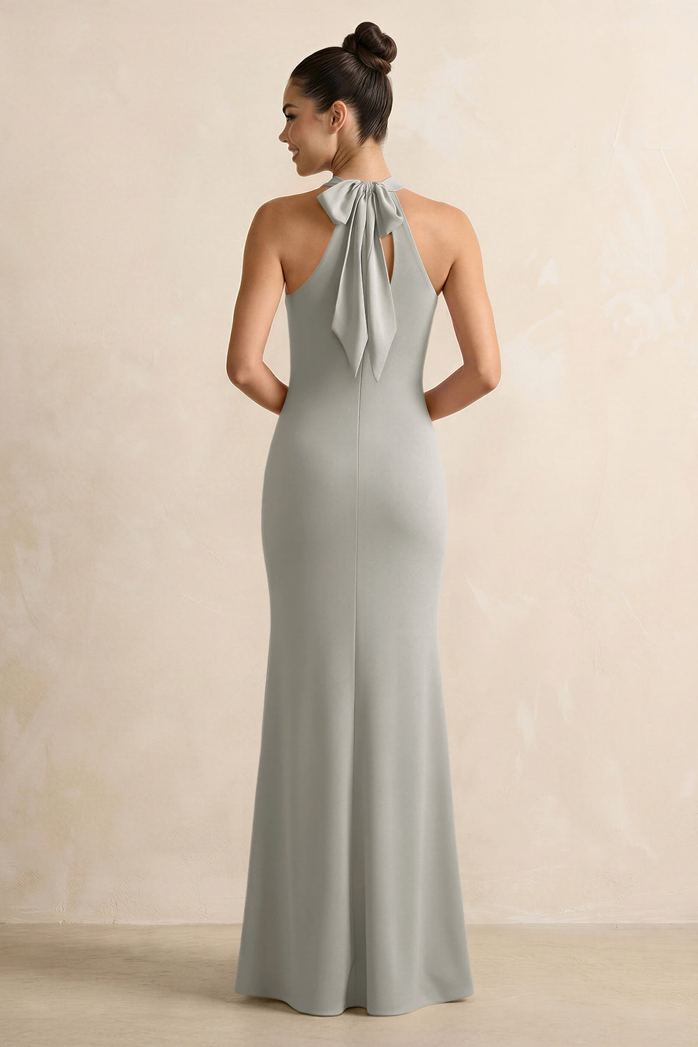 Crisscross Halter Sheath Satin Bridesmaid Dress with Bow in Silver