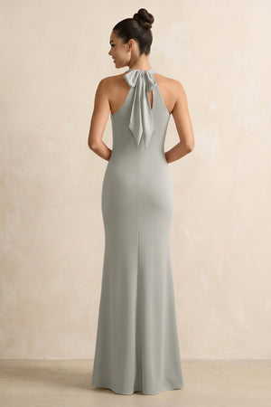 Silver Crisscross Halter Sheath Satin Bridesmaid Dress with Bow (2) | KISSBRIDAL