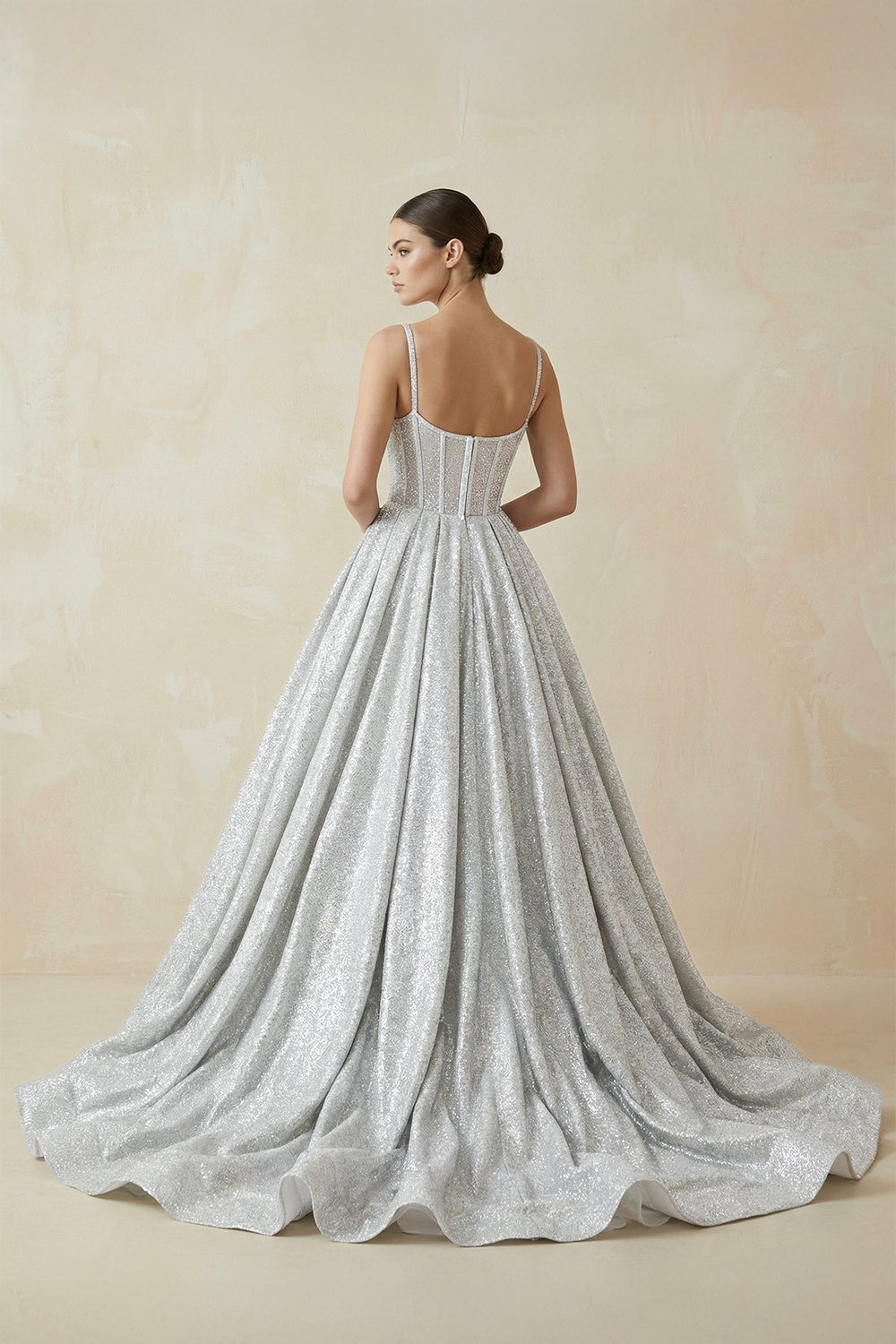 Silver Glitter Spaghetti Strap A - Line Wedding Dress - SHE IS ME Wedding Dresses