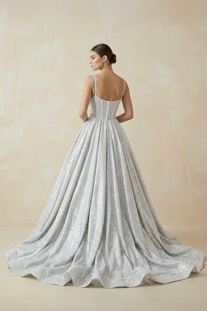 Silver Glitter Spaghetti Strap A - Line Wedding Dress - SHE IS ME Wedding Dresses