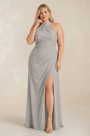 Silver High Neck Chiffon Sheath Ruched Bridesmaid Dress [sizeplus] | KISSBRIDAL