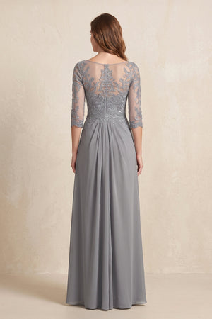 Silver Illusion Neck Sheath Embroidered Chiffon Mother of the Brides Dress with Half Sleeves (2) | KISSBRIDAL