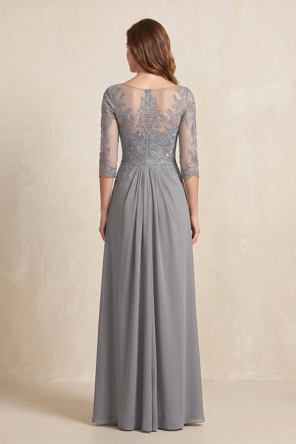 Silver Illusion Neck Sheath Embroidered Chiffon Mother of the Brides Dress with Half Sleeves (2) | KISSBRIDAL