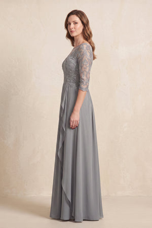 Silver Illusion Neck Sheath Embroidered Chiffon Mother of the Brides Dress with Half Sleeves (3) | KISSBRIDAL