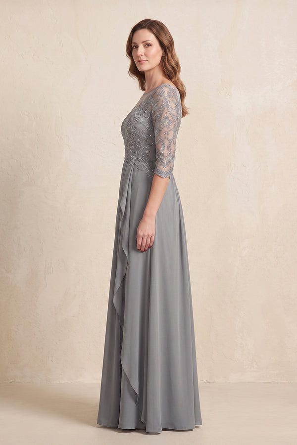 Silver Illusion Neck Sheath Embroidered Chiffon Mother of the Brides Dress with Half Sleeves (3) | KISSBRIDAL