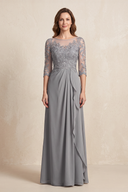 Silver Illusion Neck Sheath Embroidered Chiffon Mother of the Brides Dress with Half Sleeves | KISSBRIDAL