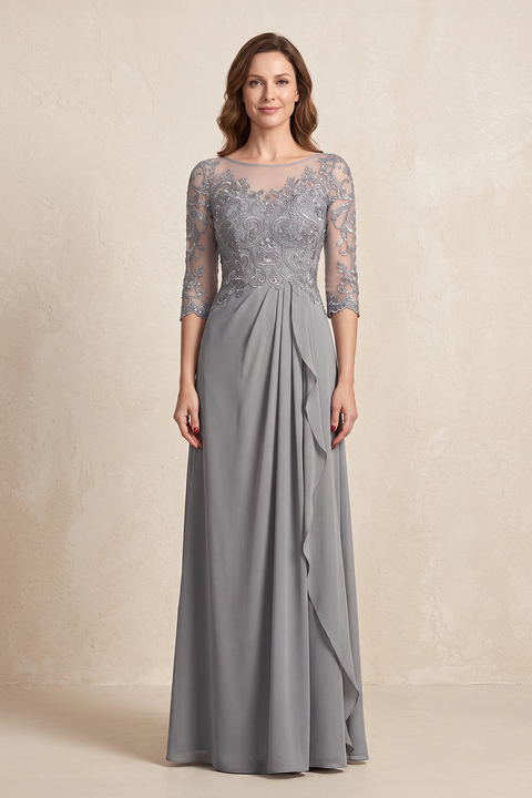 Silver Illusion Neck Sheath Embroidered Chiffon Mother of the Brides Dress with Half Sleeves | KISSBRIDAL