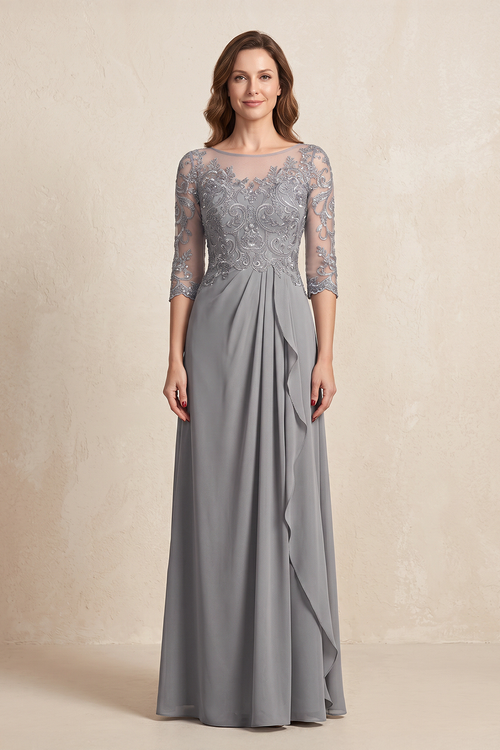 Silver Illusion Neck Sheath Embroidered Chiffon Mother of the Brides Dress with Half Sleeves | KISSBRIDAL