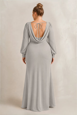 Silver Long Sleeve V-Neck Sheath Chiffon Bridesmaid Dress (2) [sizeplus] | KISSBRIDAL