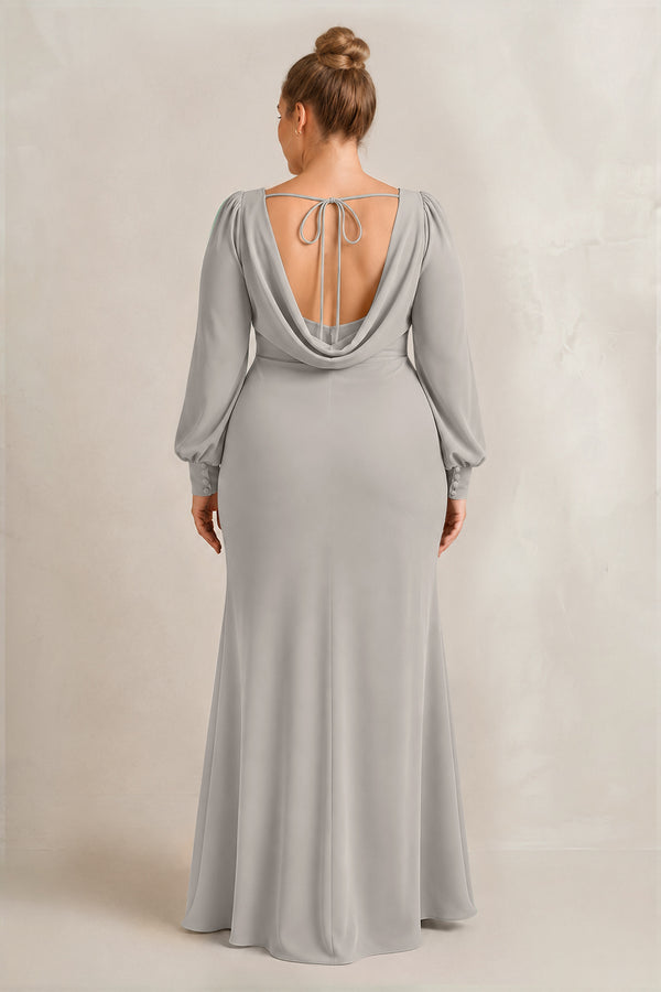 Silver Long Sleeve V-Neck Sheath Chiffon Bridesmaid Dress (2) [sizeplus] | KISSBRIDAL