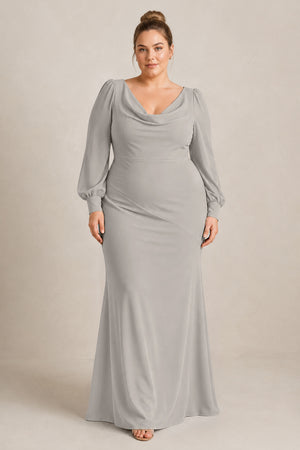 Silver Long Sleeve V-Neck Sheath Chiffon Bridesmaid Dress [sizeplus] | KISSBRIDAL