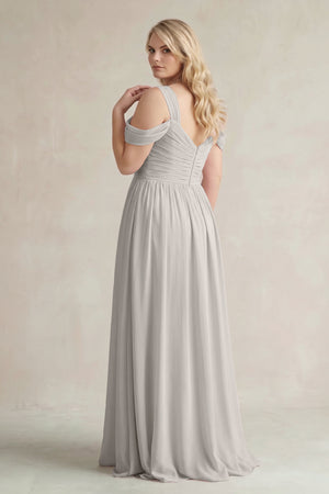 Silver Off-the-Shoulder A-Line Chiffon Bridesmaid Dress With Slit (2) | KISSBRIDAL