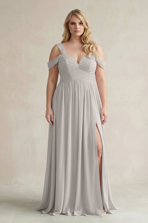 Silver Off-the-Shoulder A-Line Chiffon Bridesmaid Dress With Slit | KISSBRIDAL