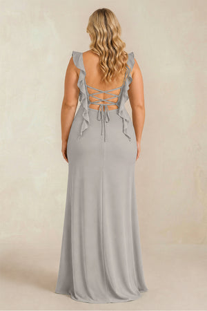 Silver Ruffled Sleeve Ruched Sheath Chiffon Bridesmaid Dress (2) [sizeplus] | KISSBRIDAL