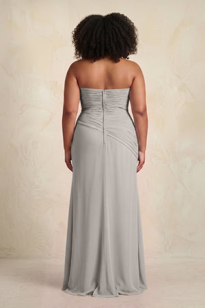 Silver Sheath Chiffon Strapless Pleated Bridesmaid Dress (2) | KISSBRIDAL[sizeplus]