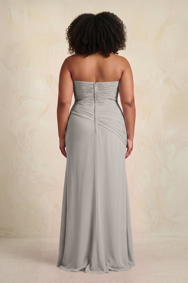 Silver Sheath Chiffon Strapless Pleated Bridesmaid Dress (2) | KISSBRIDAL[sizeplus]