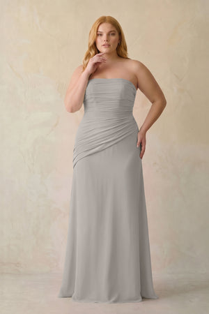 Silver Sheath Chiffon Strapless Pleated Bridesmaid Dress (3) | KISSBRIDAL[sizeplus]