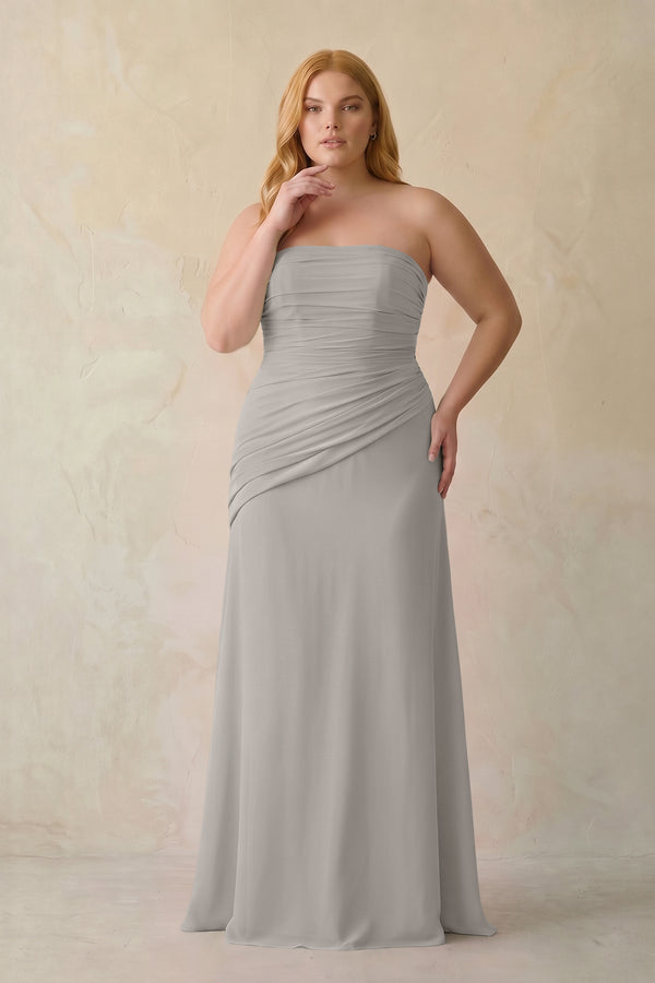 Silver Sheath Chiffon Strapless Pleated Bridesmaid Dress (3) | KISSBRIDAL[sizeplus]
