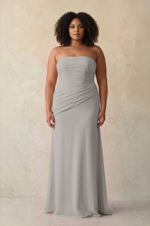 Silver Sheath Chiffon Strapless Pleated Bridesmaid Dress | KISSBRIDAL[sizeplus]