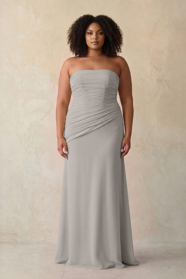Silver Sheath Chiffon Strapless Pleated Bridesmaid Dress | KISSBRIDAL[sizeplus]