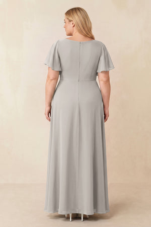 Silver Short Sleeves Bateau A-Line Chiffon Bridesmaid Dress (2) [sizeplus] | KISSBRIDAL