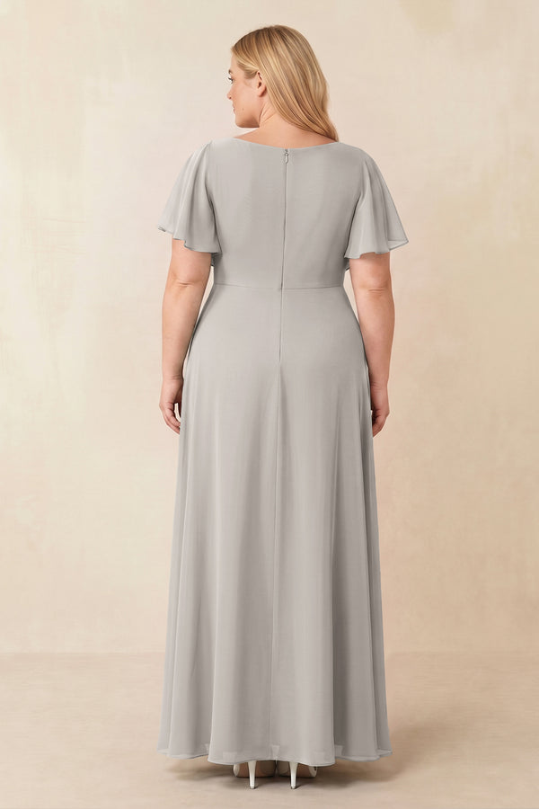 Silver Short Sleeves Bateau A-Line Chiffon Bridesmaid Dress (2) [sizeplus] | KISSBRIDAL