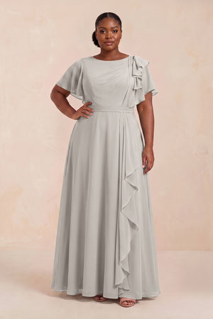 Silver Short Sleeves Bateau A-Line Chiffon Bridesmaid Dress (3) [sizeplus] | KISSBRIDAL