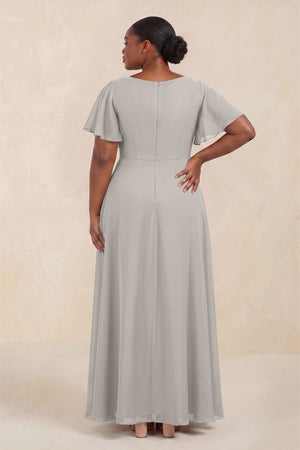 Silver Short Sleeves Bateau A-Line Chiffon Bridesmaid Dress (4) [sizeplus] | KISSBRIDAL