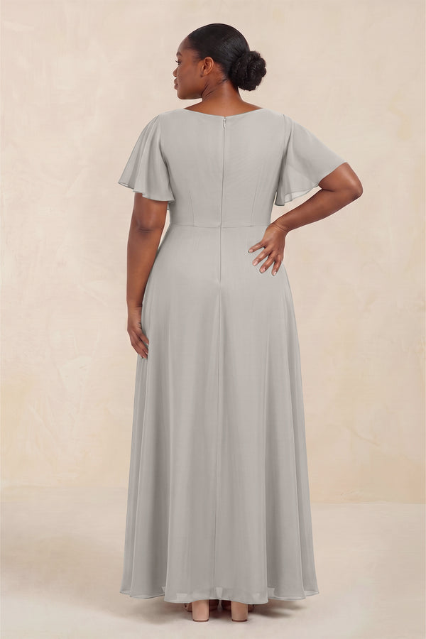 Silver Short Sleeves Bateau A-Line Chiffon Bridesmaid Dress (4) [sizeplus] | KISSBRIDAL