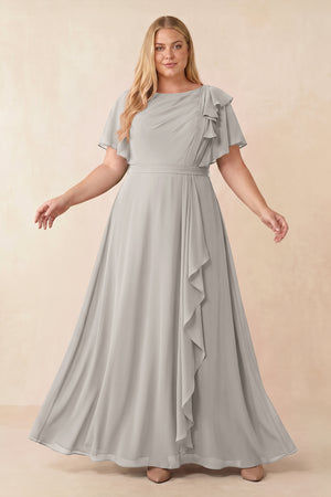 Silver Short Sleeves Bateau A-Line Chiffon Bridesmaid Dress [sizeplus] | KISSBRIDAL