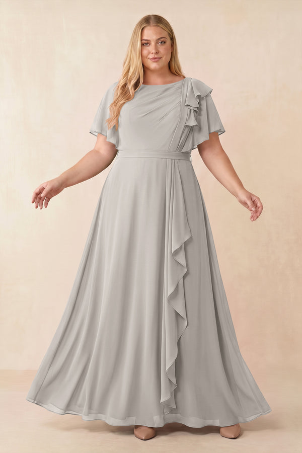 Silver Short Sleeves Bateau A-Line Chiffon Bridesmaid Dress [sizeplus] | KISSBRIDAL