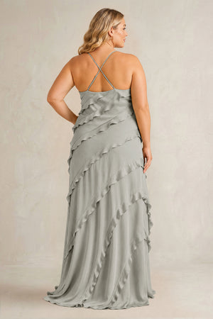 Silver Spaghetti Straps Sheath Stain Ruffled Bridesmaid Dress (2) | KISSBRIDAL[sizeplus]