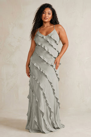 Silver Spaghetti Straps Sheath Stain Ruffled Bridesmaid Dress (3) | KISSBRIDAL[sizeplus]