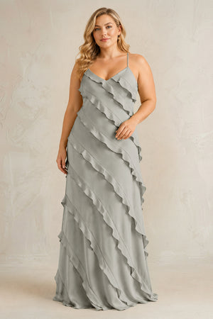 Silver Spaghetti Straps Sheath Stain Ruffled Bridesmaid Dress | KISSBRIDAL[sizeplus]