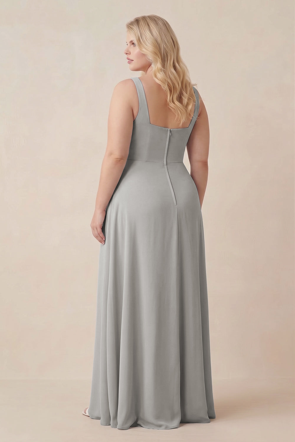 Square Neck A-Line Bridesmaid Dress With Slit in Silver