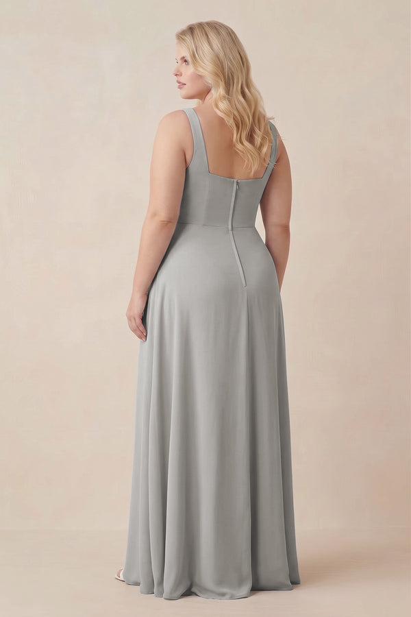 Silver Square Neck A-Line Bridesmaid Dress With Slit (2) [sizeplus] | KISSBRIDAL