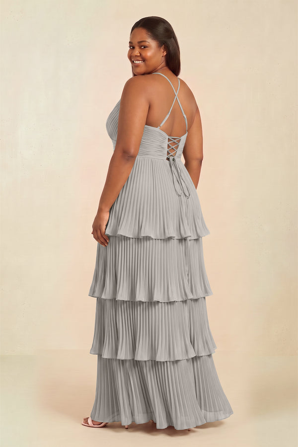 Silver Tiered Pleated V-Neck A-Line Chiffon Bridesmaid Dress (2) [sizeplus] | KISSBRIDAL
